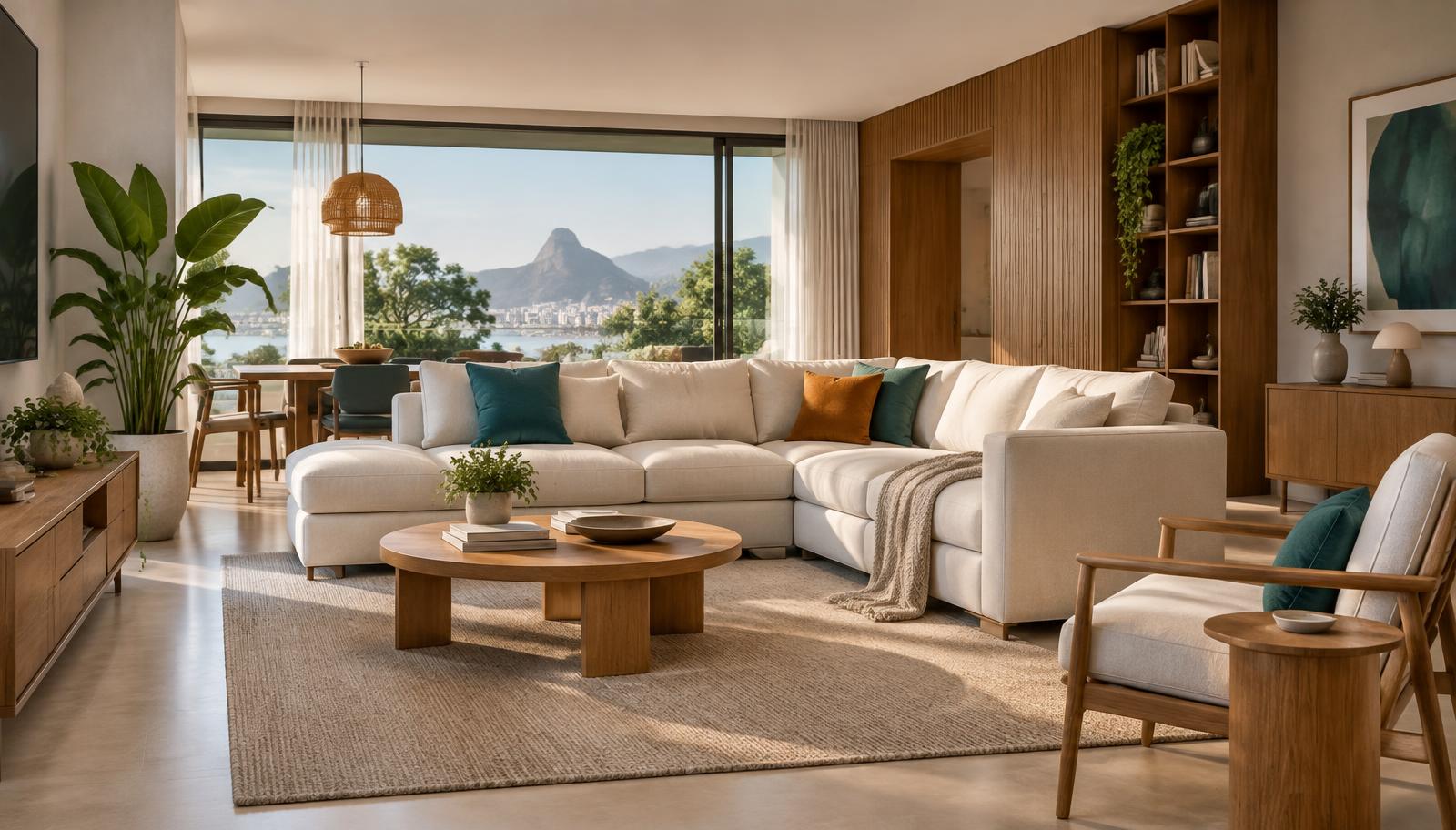Sala contemporânea mobiliada em tons naturais e verde-petróleo